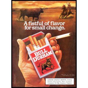1991 Bull Durham Cigarettes Vintage Print Ad Cowboy Bull Roping Wall Art Drawing
